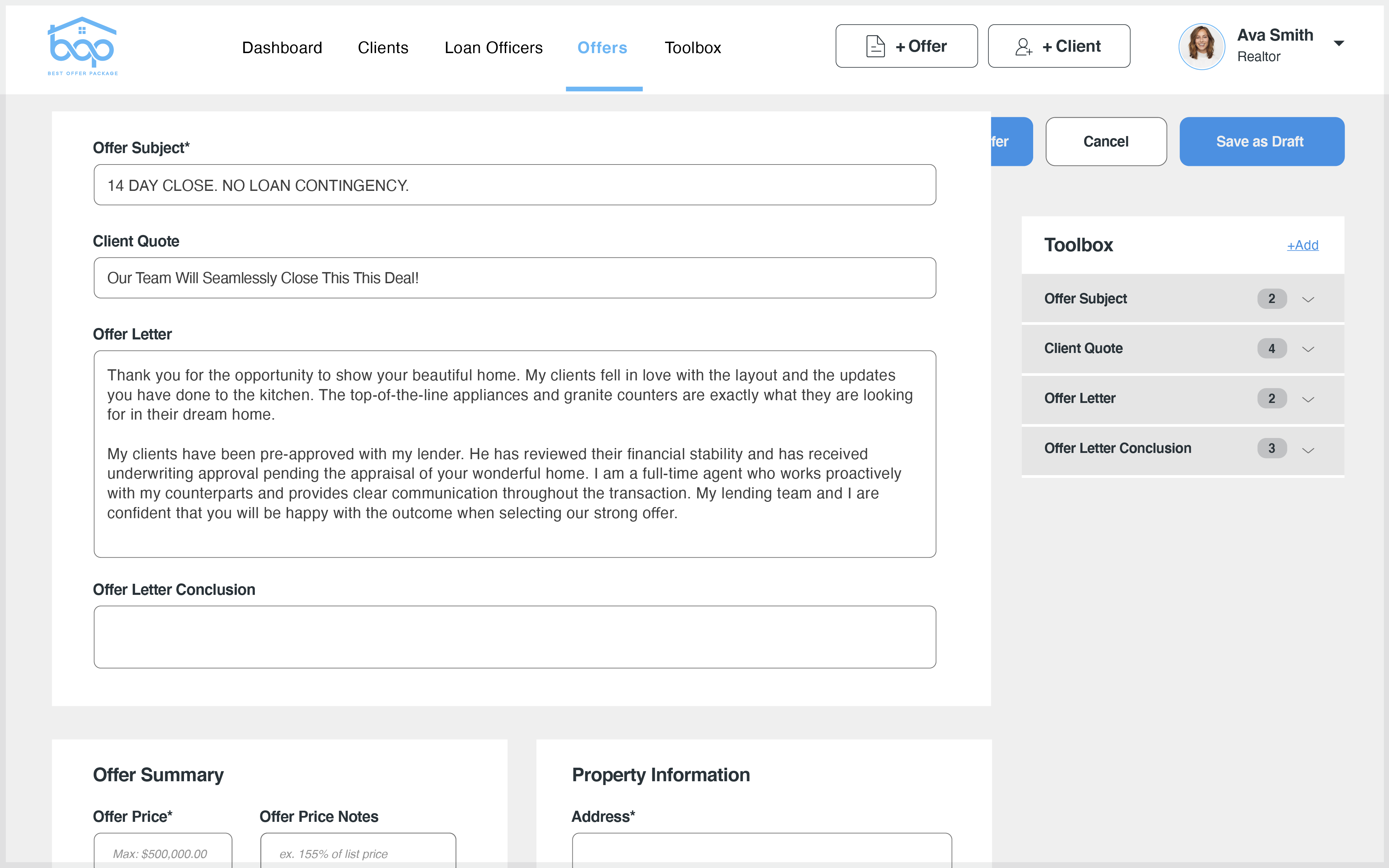 RealtorOfferBuilderDashboard